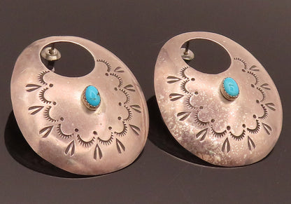 NAVAJO 925 Silver  Vintage Carved Handmade Design & Turquoise Earrings EG12439