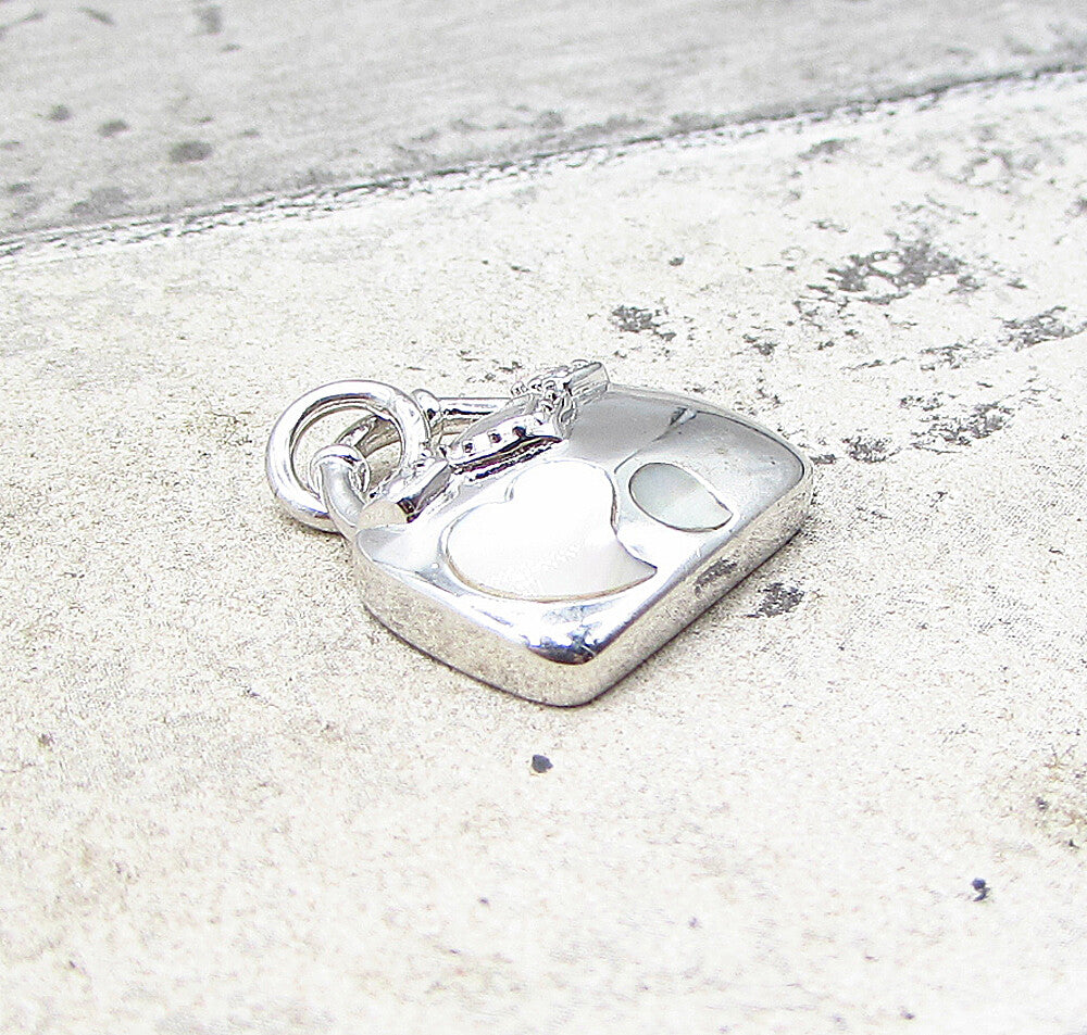 925 Silver  Inlay Mother of Pearl & CZ Heart Lady Purse Charm Pendant  PT1654