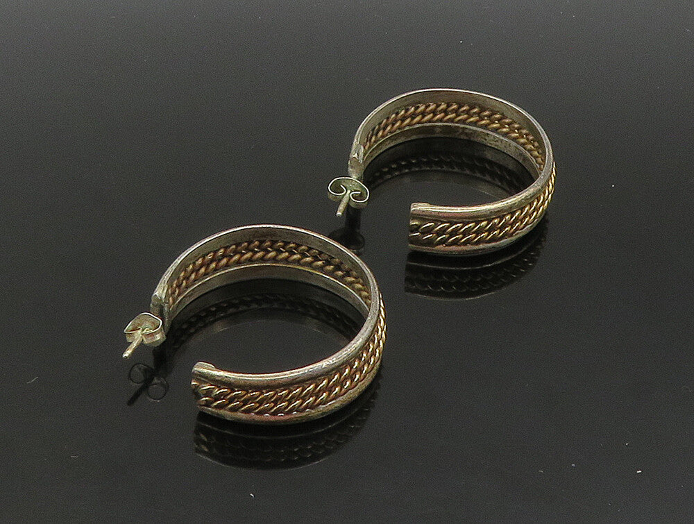 925 Sterling Silver  Vintage Two Tone Twist Raised Edge Hoop Earrings  EG11486
