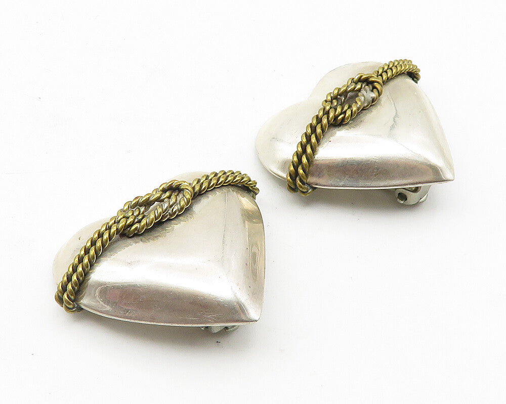 MEXICO 925 Silver  Vintage Rope Twist Love Heart Non Pierce Earrings  EG5644