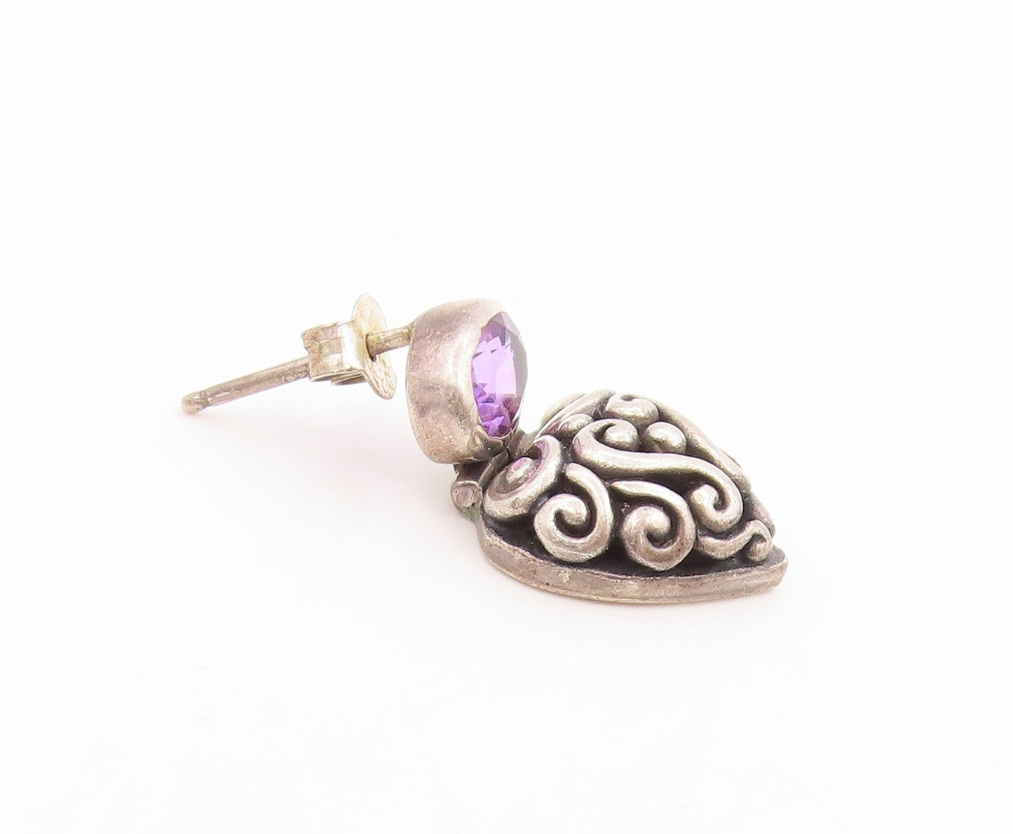 925 Sterling Silver Vintage Earrings JANICE GIRARDI Amethyst Love Heart  EG14030