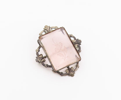 925 Sterling Silver Vintage Brooch Pin Rose Quartz Carved Floral Frame  BP12632