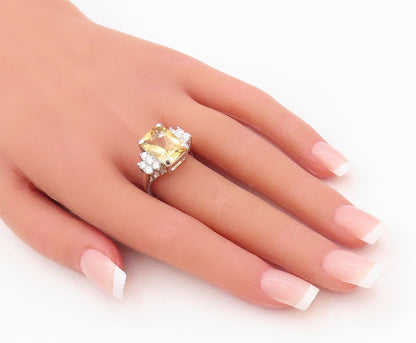 925 Sterling Silver Vintage Ring Rectangle Citrine Beaded CZ  Sz 8.5  RG30151