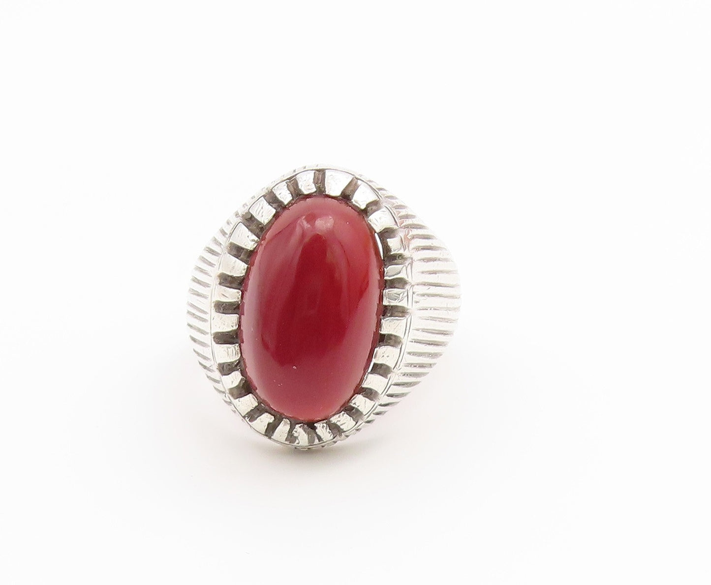 925 Sterling Silver Vintage Ring Cabochon Carnelian Grooved Band Sz 11.5 RG36707