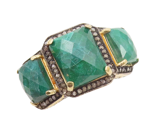 925 Sterling Silver Vintage Ring Diamonds Frame Green Gemstones  Sz 7.5  RG30230