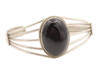 925 Sterling Silver Vintage Bracelet NAVAJO Cabochon Black Onyx Cuff  BT12001