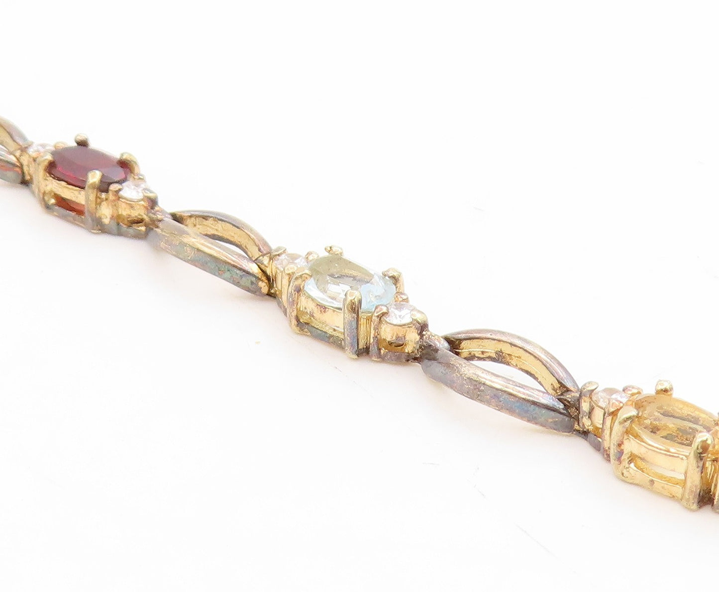 925 Sterling Silver Vintage Bracelet Gold Plated Multi Gemstone Link  BT11733