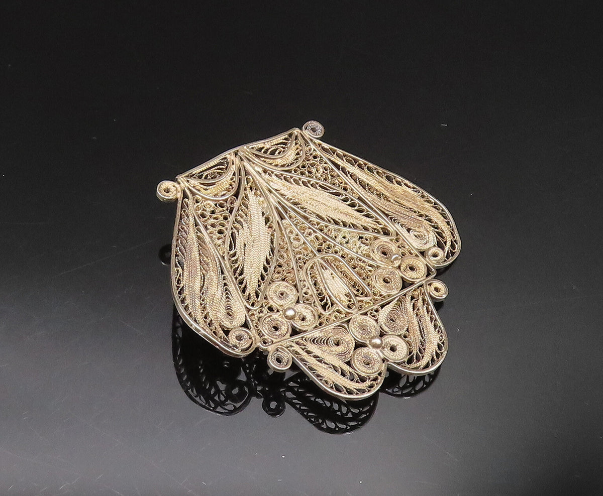 PERU 925 Silver  Vintage Antique Floral Beaded Filigree Brooch Pin  BP9668