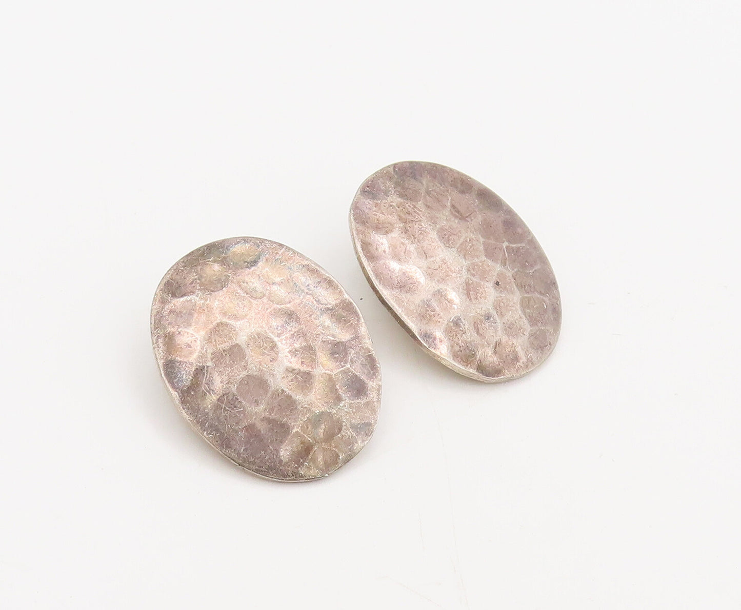 MEXICO 925 Sterling Silver  Vintage Dented Oval Press Clip Earrings  EG12751