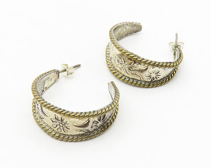 925 Sterling Silver  Vintage 2 Tone Floral Rope Twist JHoop Earrings  EG5777