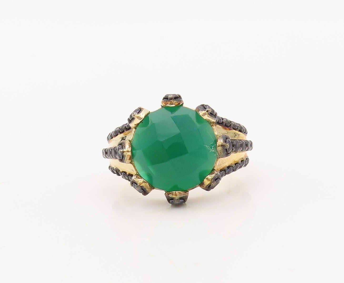 925 Sterling Silver Vintage Ring Gold Plated Green Onyx & Spinel  Sz 7  RG30633