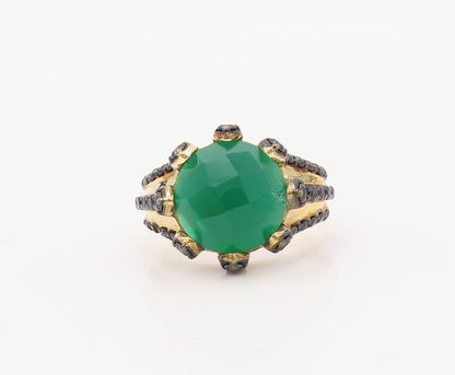 925 Sterling Silver Vintage Ring Gold Plated Green Onyx & Spinel  Sz 7  RG30633
