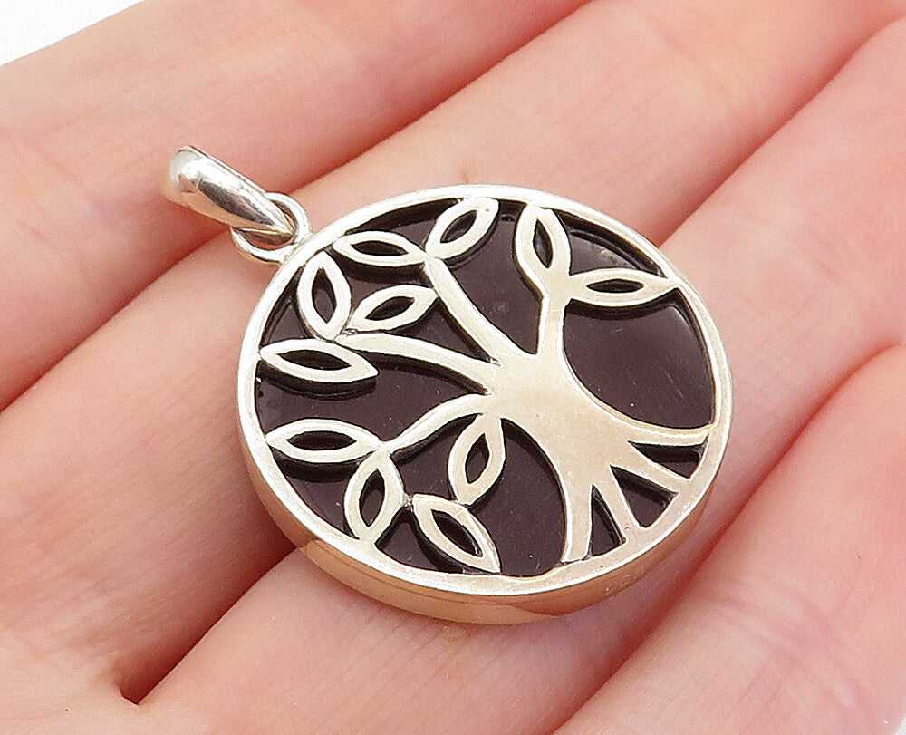 925 Sterling Silver  Vintage Black Onyx Tree Of Life Shiny Pendant  PT5782