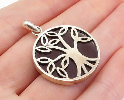 925 Sterling Silver  Vintage Black Onyx Tree Of Life Shiny Pendant  PT5782