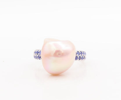 925 Sterling Silver Vintage Ring Amorphas Pearl Sapphire Inlay Band Sz 8 RG29567