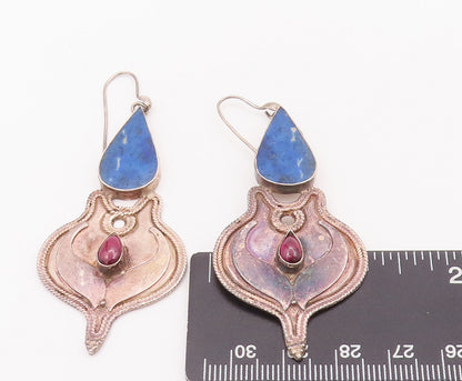 925 Sterling Silver Vintage Earrings Antique Lapis Lazuli & Rhodolite EG12915