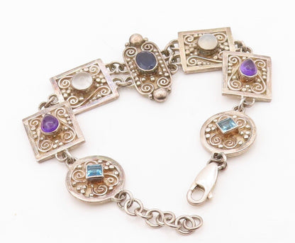 925 Sterling Silver Vintage Bracelet Antique Swirly Carved Gemstones  BT10804