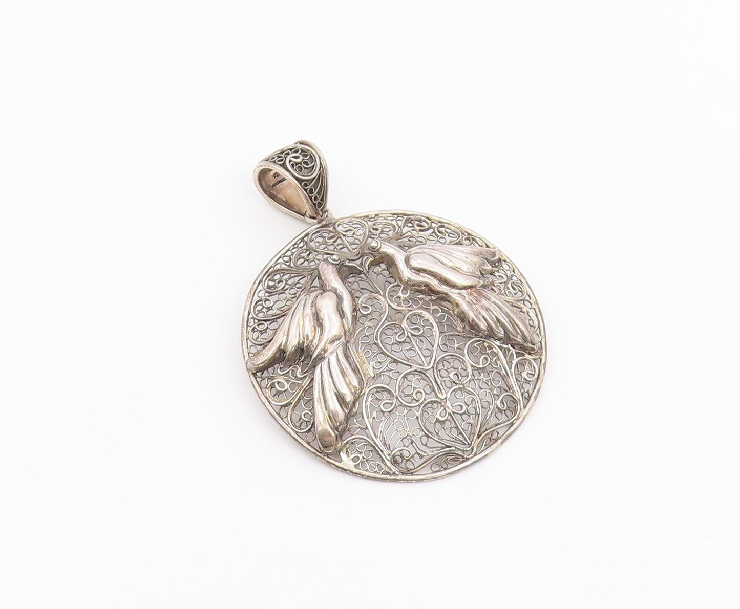 925 Sterling Silver Vintage Pendant Openwork Filigree Lovebirds Medal  PT26447