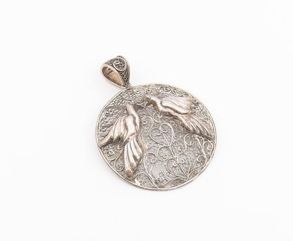 925 Sterling Silver Vintage Pendant Openwork Filigree Lovebirds Medal  PT26447