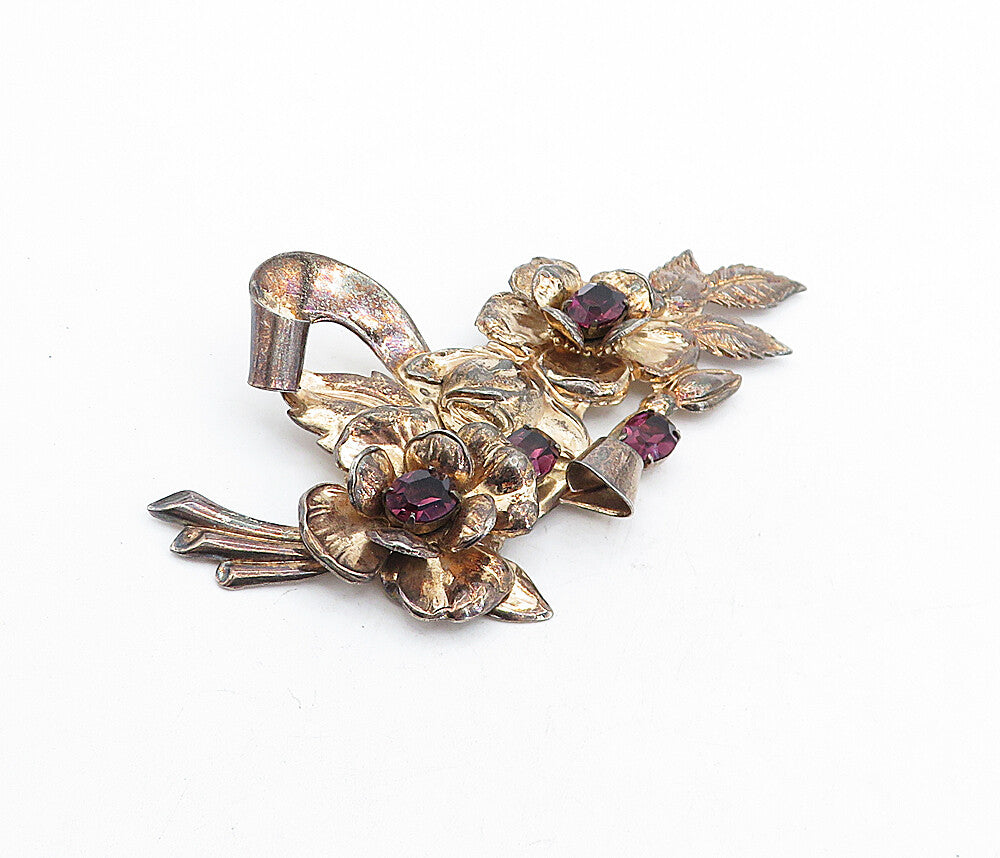 925 Sterling Silver  Vintage Amethyst Copper Tone Floral Brooch Pin  BP1881