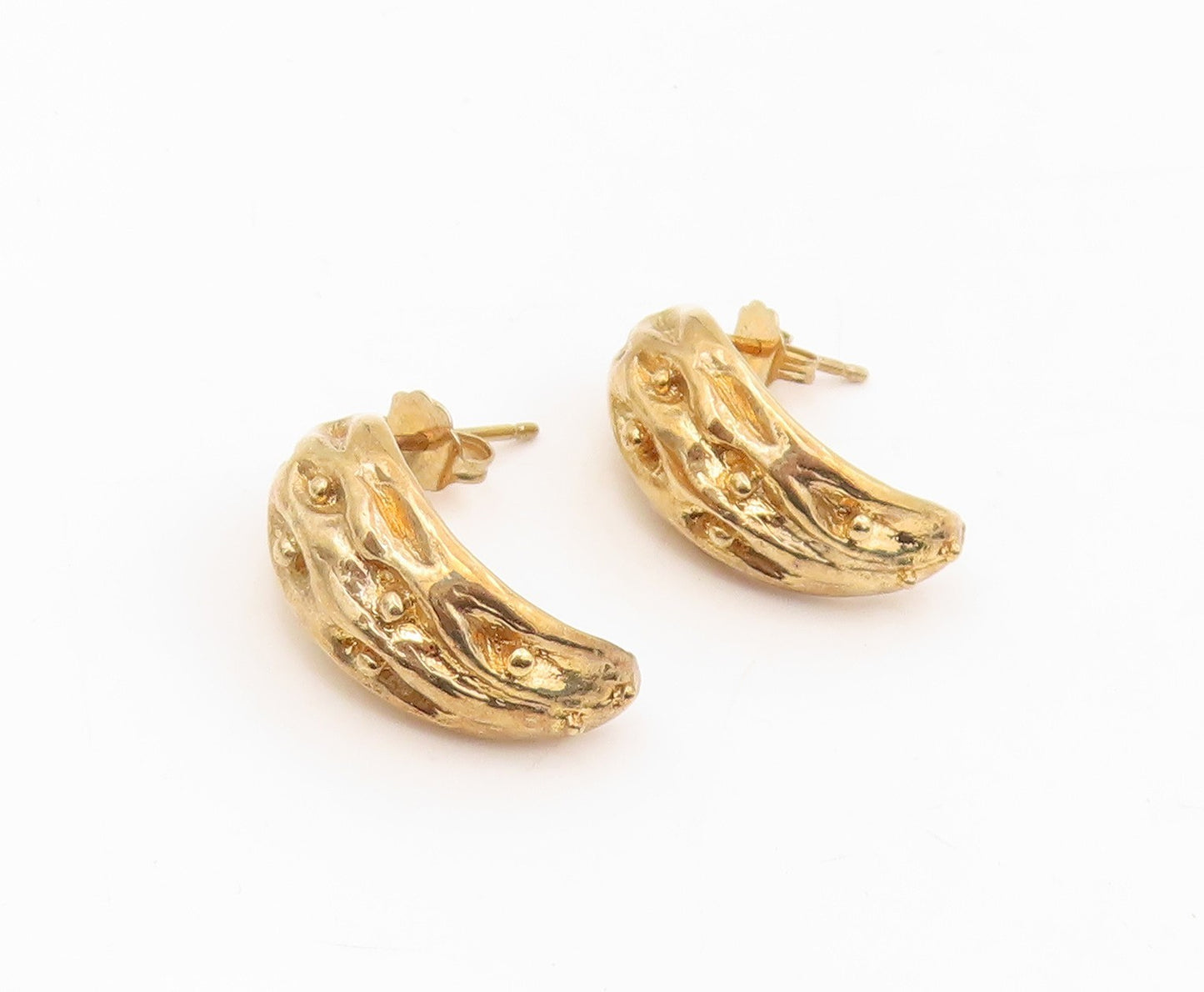 925 Sterling Silver Vintage Earrings Gold Plated Textured Crescent Hoop  EG13884