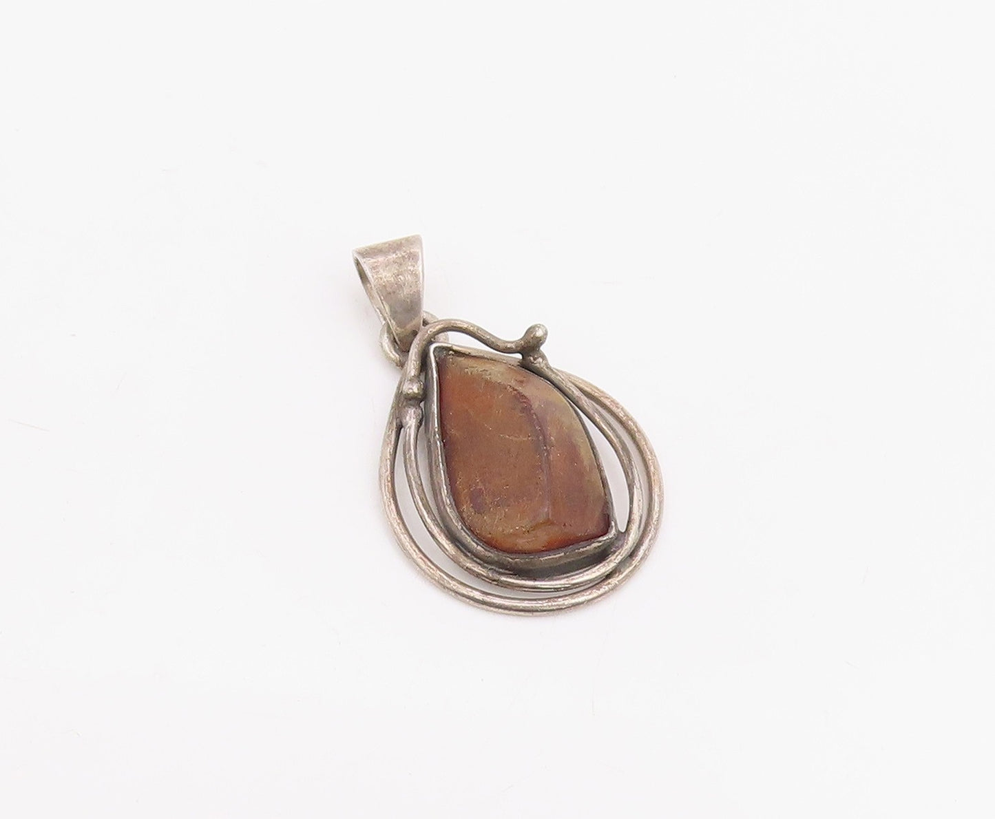 925 Sterling Silver Vintage Pendant Modernist Amber Wire Wrapped Drop  PT25869