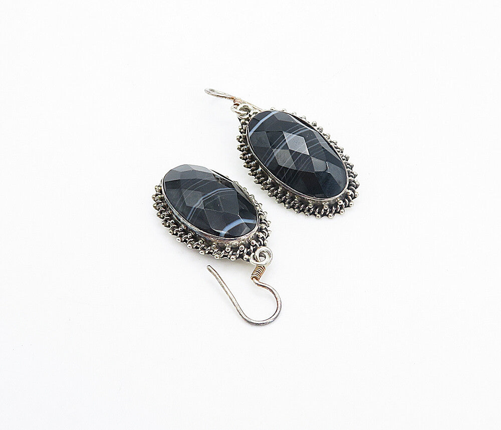 925 Sterling Silver  Vintage Faceted Black Agate Oval Dangle Earrings  EG3207