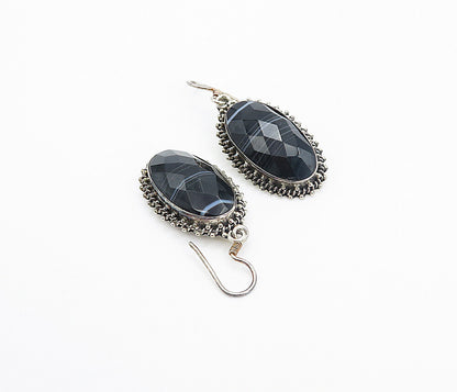 925 Sterling Silver  Vintage Faceted Black Agate Oval Dangle Earrings  EG3207