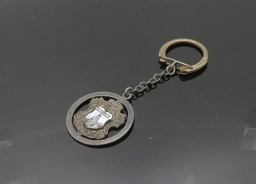 925 Sterling Silver  Vintage Enamel Saint Moritz Switzerland Key Chain  TR2763