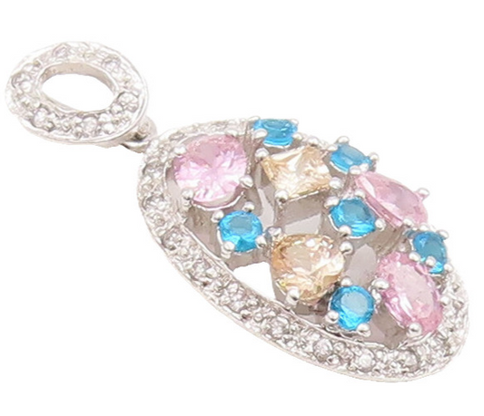 925 Sterling Silver Vintage Pendant Multi Color Multi Shape Oval Topaz  PT22570