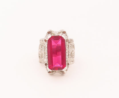 925 Sterling Silver Vintage Royal Design Lab Ruby Ring Sz 8.5  RG26607