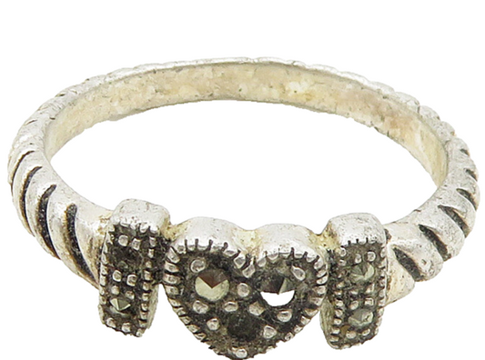 925 Sterling Silver  Vintage Marcasite Love Heart Band Ring Sz 7.5  RG16883