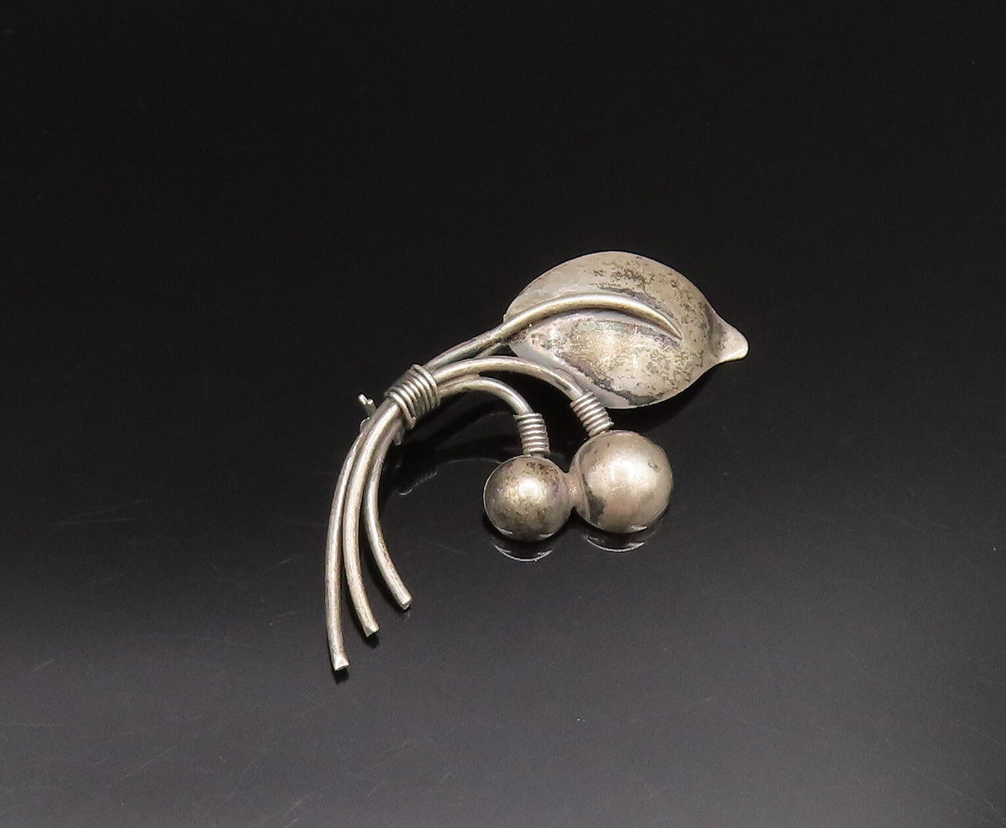 DRAGSTED DENMARK 925 Silver  Vintage Bead & Leaf Stem Brooch Pin  BP9806