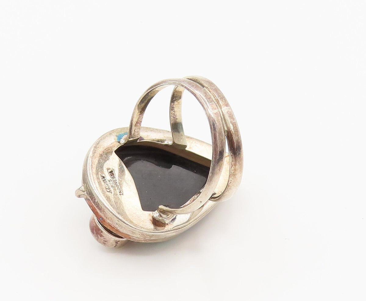 MERAV 925 Silver  Vintage Freshwater Pearls & Abalone Leaf Ring Sz 7  RG26259