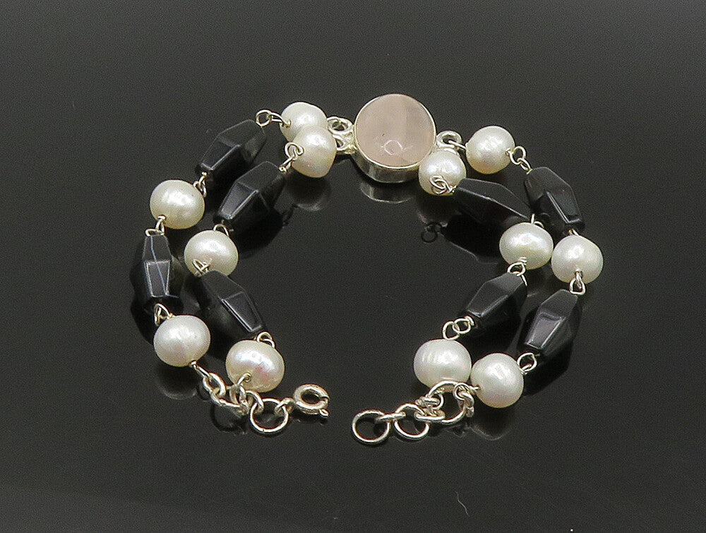 925 Sterling Silver  Rose Quartz & Freshwater Pearls Chain Bracelet  BT1164