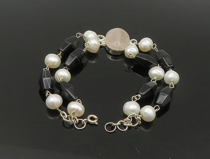 925 Sterling Silver  Rose Quartz & Freshwater Pearls Chain Bracelet  BT1164