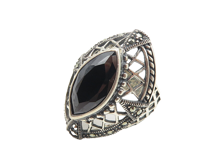 925 Sterling Silver  Marquise Hematite & Marcasite Cocktail Ring Sz 6  RG11363