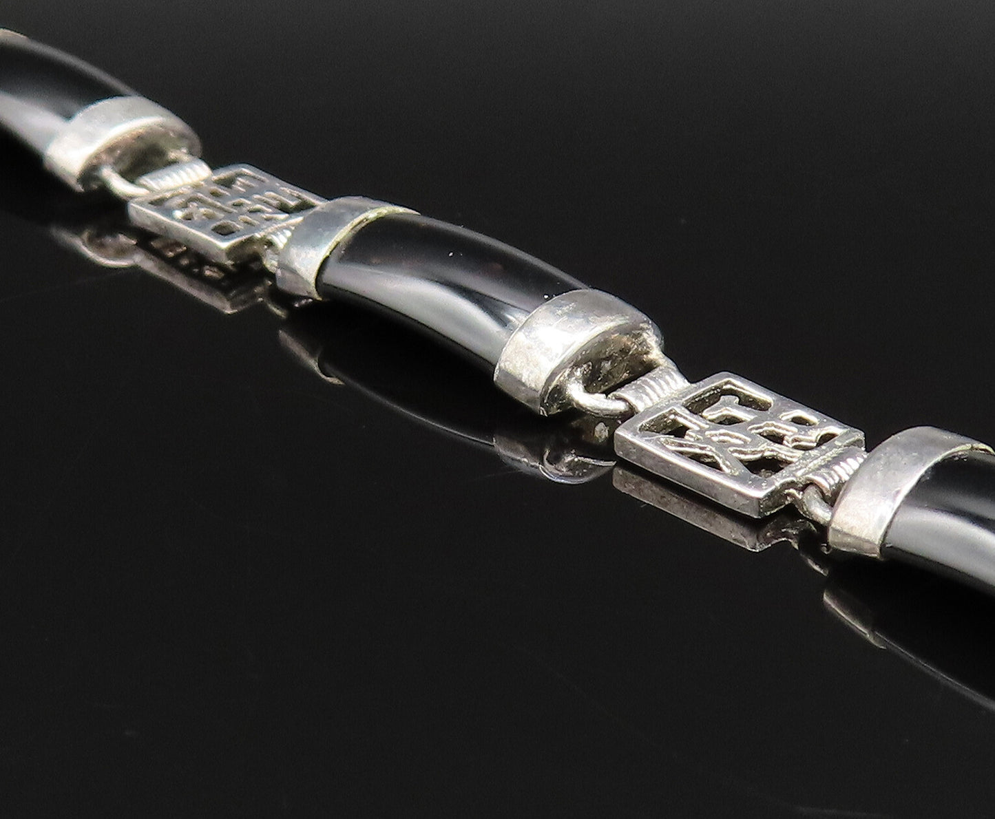 925 Sterling Silver Vintage Curved Black Onyx Bar & Characters Bracelet BT9508