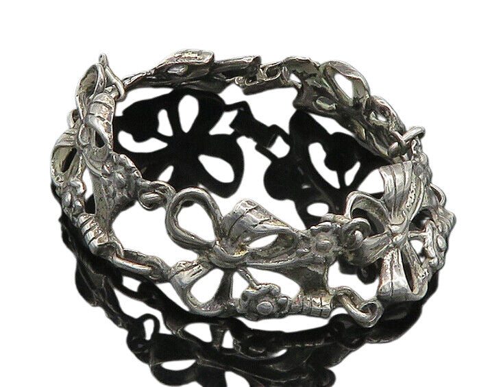 925 Sterling Silver  Vintage Floral Bow Tied Ribbon Chain Bracelet  BT8333