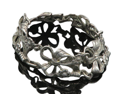 925 Sterling Silver  Vintage Floral Bow Tied Ribbon Chain Bracelet  BT8333