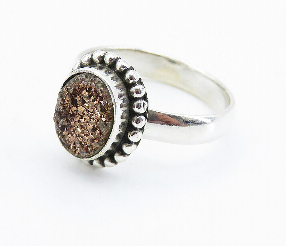 925 Sterling Silver  Druzy Stone Fluted Trim Shiny Band Ring Sz 7  RG8234
