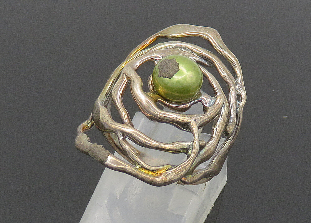HAGIT GORALI ISRAEL 925 Silver  Vintage Green Pearl Band Ring Sz 6.5  RG20596