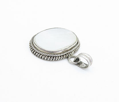 925 Sterling Silver  Vintage Mother Of Pearl Twist Border Drop Pendant  PT2689