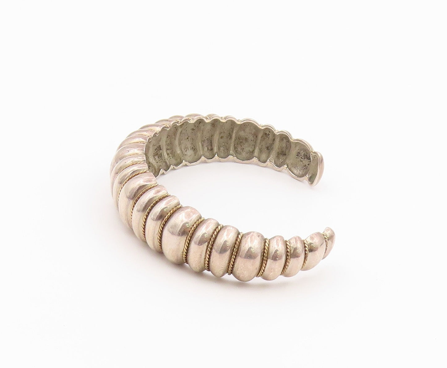 14k Gold & 925 Sterling Silver Vintage Bracelet Chunky Fluted Dome Cuff  BT12143
