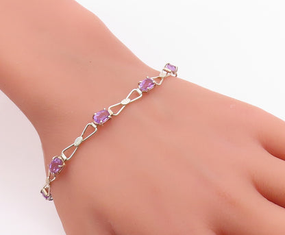 925 Sterling Silver Vintage Bracelet Elegant Amethyst & Ribbon Bow Link  BT12109
