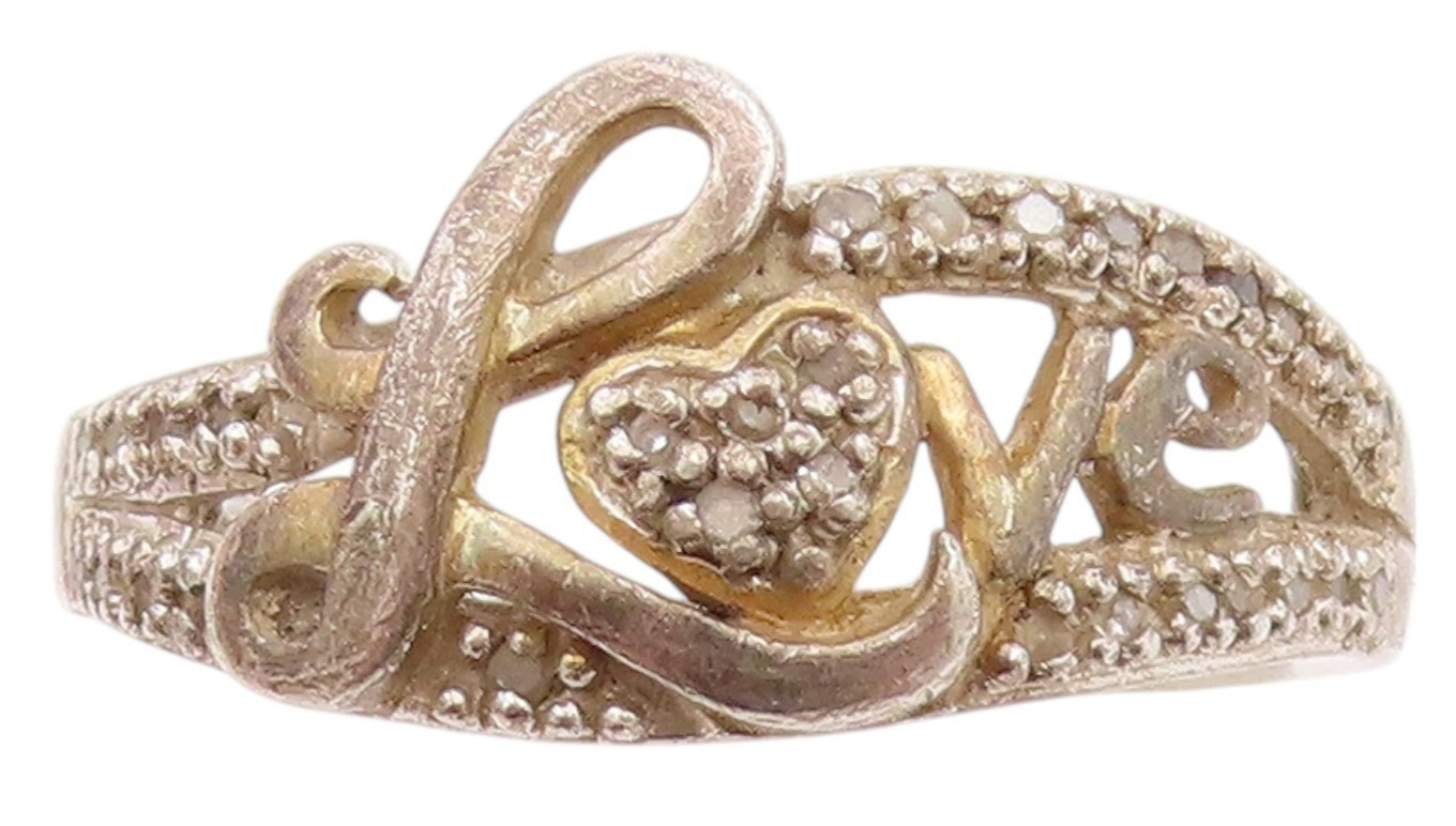 925 Sterling Silver Vintage Ring Diamonds Inlay Love Heart Cut  Sz 8  RG33232