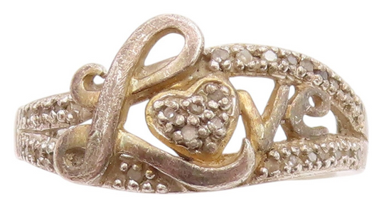 925 Sterling Silver Vintage Ring Diamonds Inlay Love Heart Cut  Sz 8  RG33232