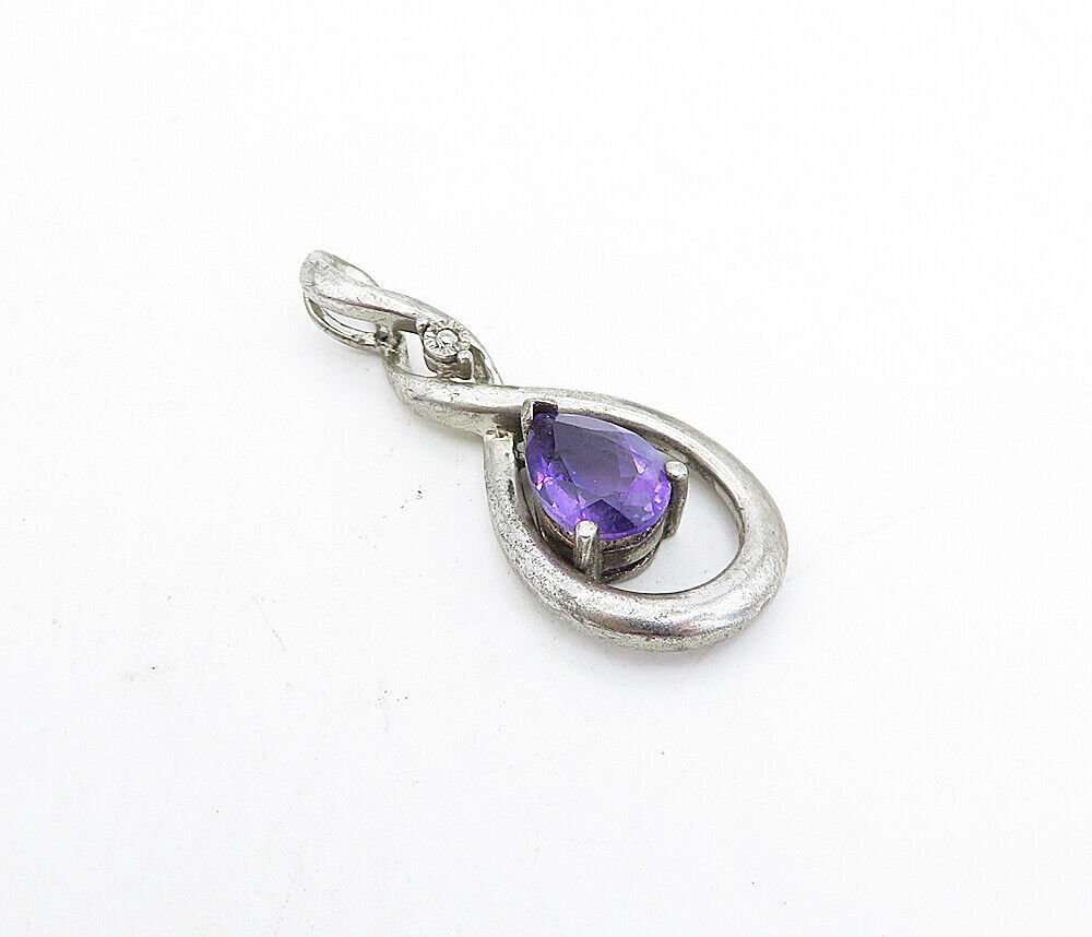 925 Sterling Silver  Vintage Amethyst & Genuine Diamond Twist Pendant  PT3572