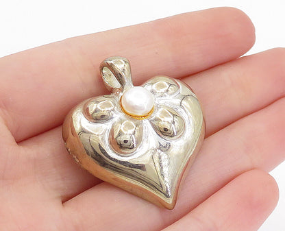 925 Sterling Silver  Vintage Pearl Hollow Floral Love Heart Brooch Pin  BP2293
