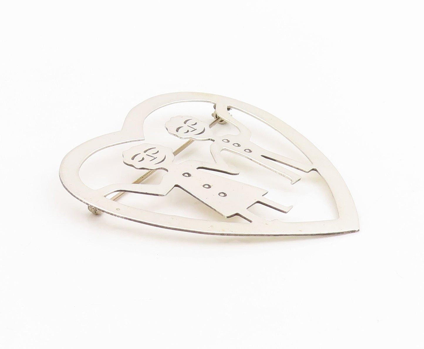 925 Sterling Silver Vintage Brooch Happy Couple Holding Hands Love Pin  BP11989